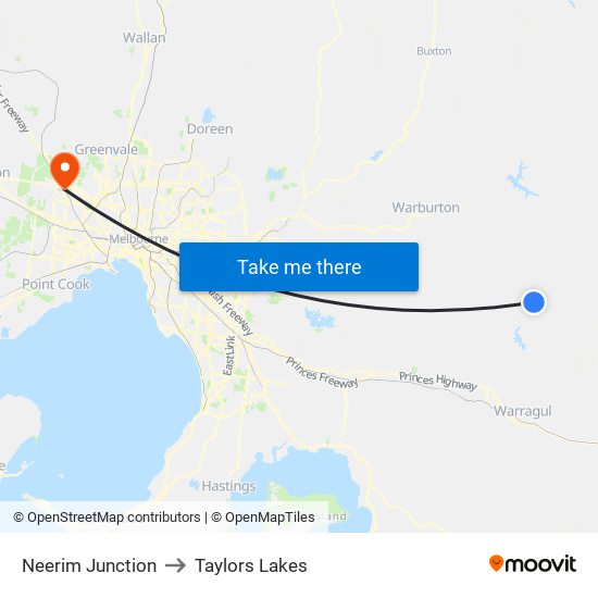 Neerim Junction to Taylors Lakes map