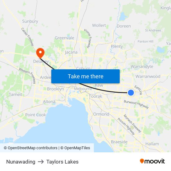 Nunawading to Taylors Lakes map