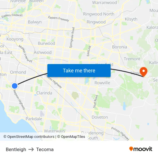 Bentleigh to Tecoma map