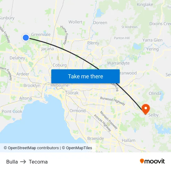 Bulla to Tecoma map