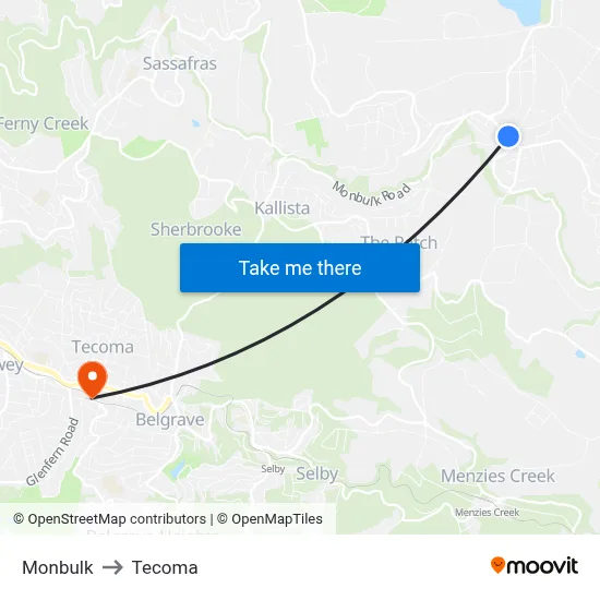 Monbulk to Tecoma map