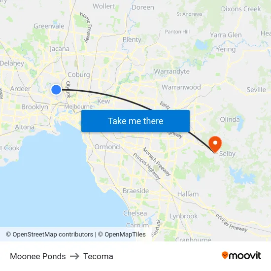 Moonee Ponds to Tecoma map