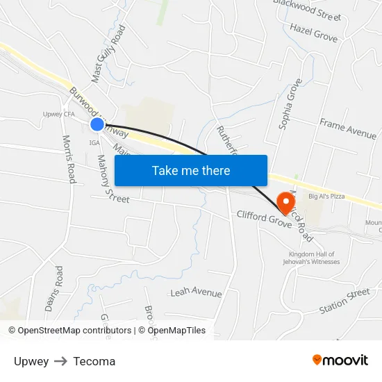 Upwey to Tecoma map