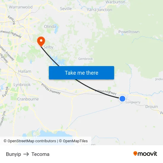 Bunyip to Tecoma map