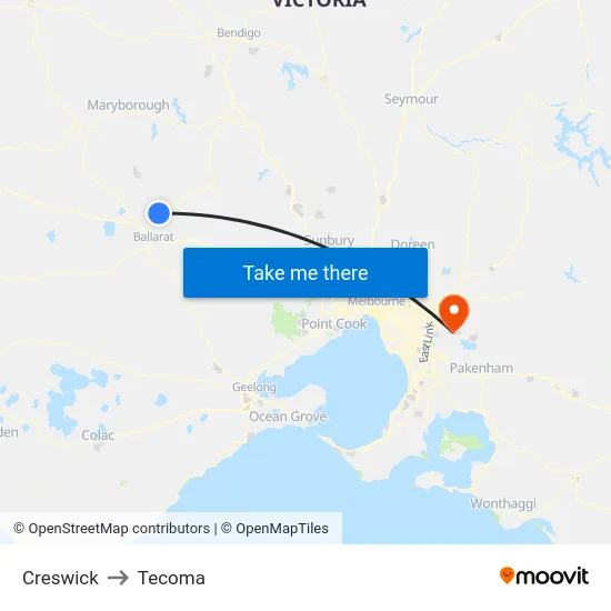 Creswick to Tecoma map