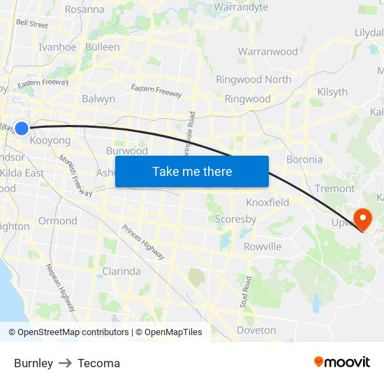 Burnley to Tecoma map