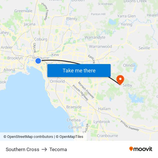 Southern Cross to Tecoma map