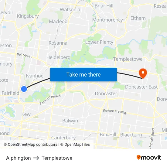 Alphington to Templestowe map