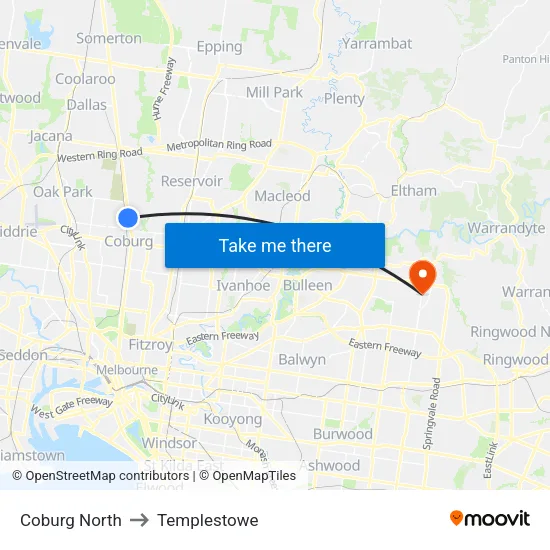 Coburg North to Templestowe map