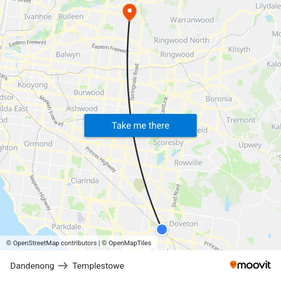 Dandenong to Templestowe map