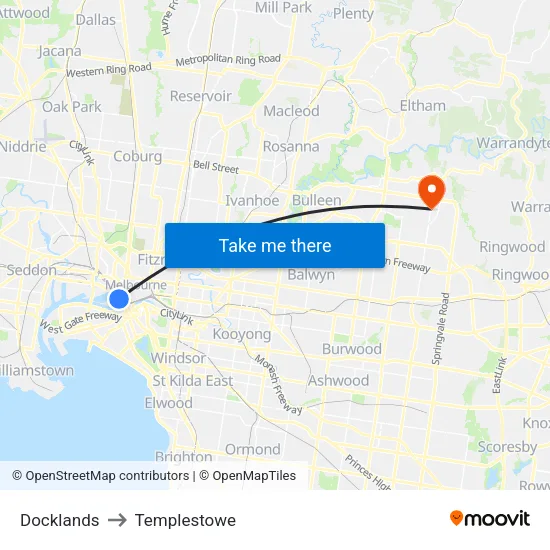 Docklands to Templestowe map