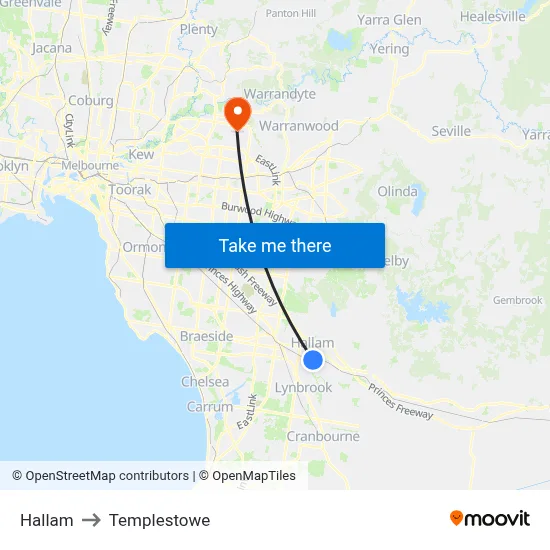 Hallam to Templestowe map