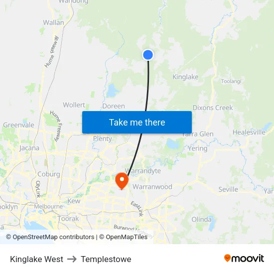 Kinglake West to Templestowe map