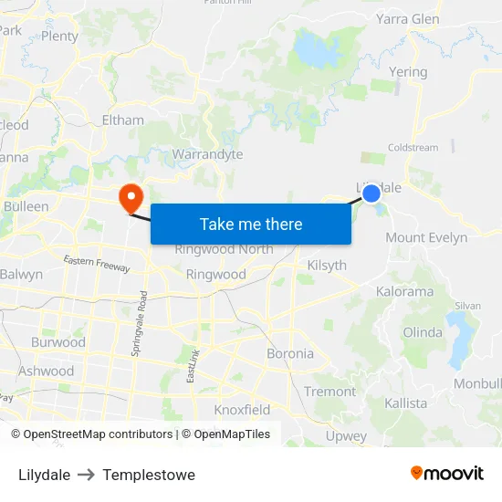 Lilydale to Templestowe map