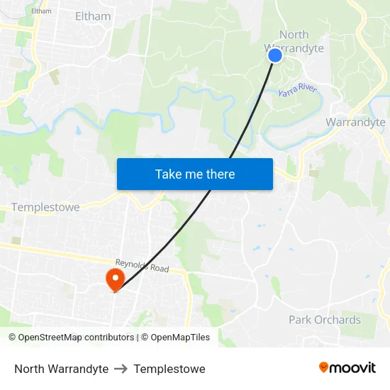 North Warrandyte to Templestowe map