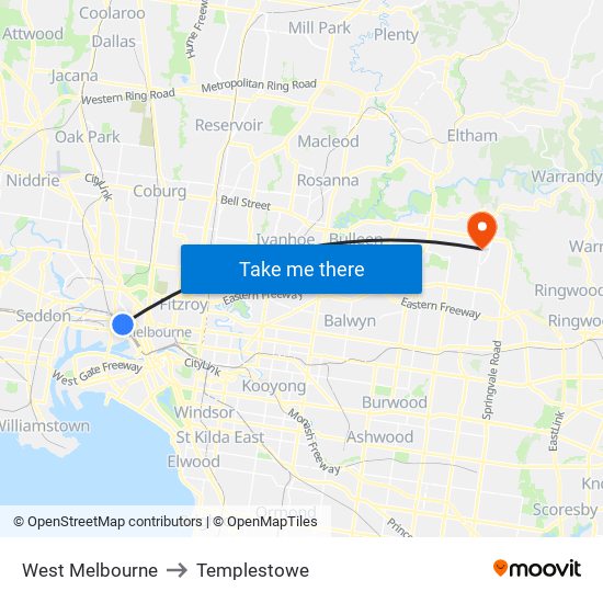West Melbourne to Templestowe map