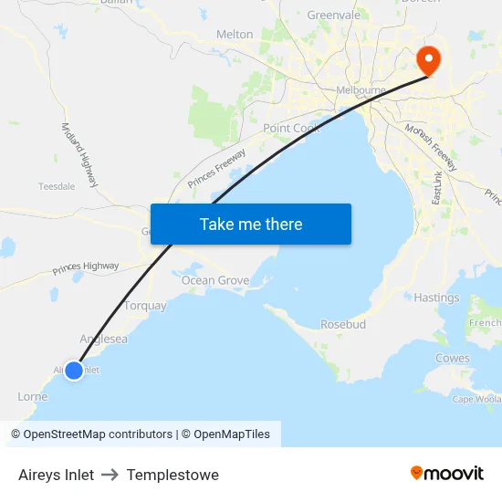Aireys Inlet to Templestowe map