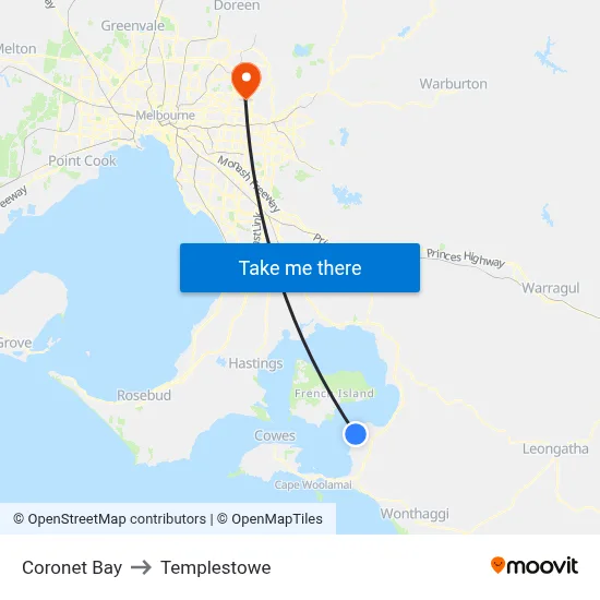Coronet Bay to Templestowe map