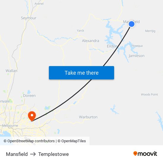 Mansfield to Templestowe map