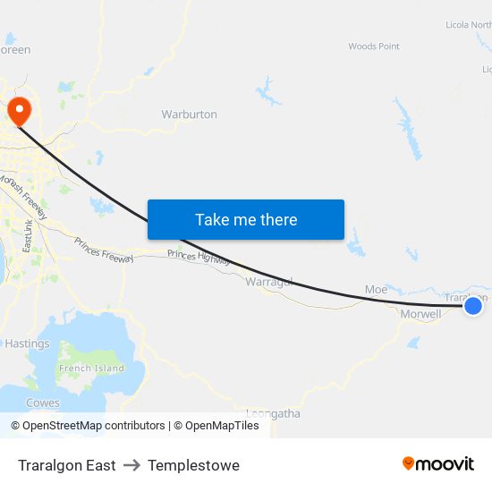 Traralgon East to Templestowe map