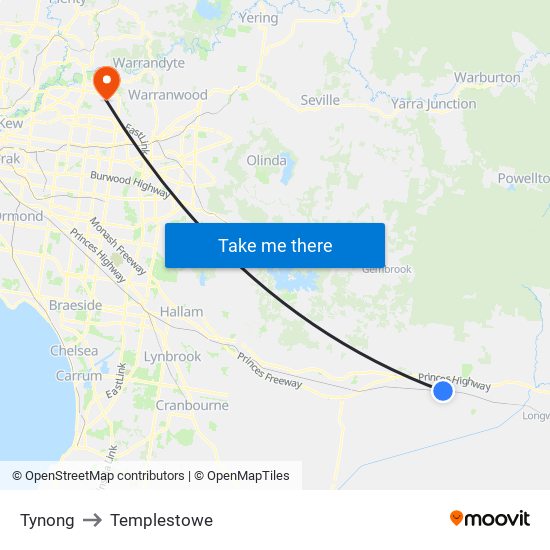 Tynong to Templestowe map