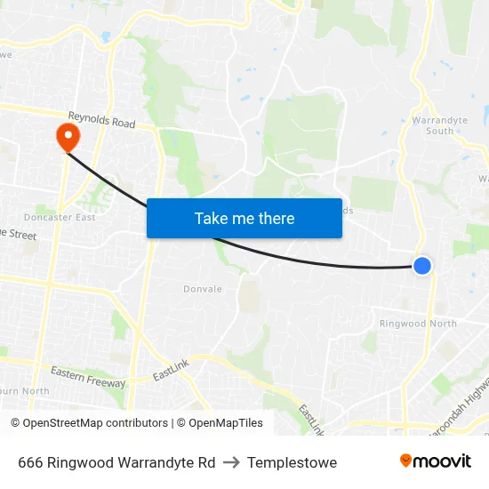 666 Ringwood Warrandyte Rd to Templestowe map