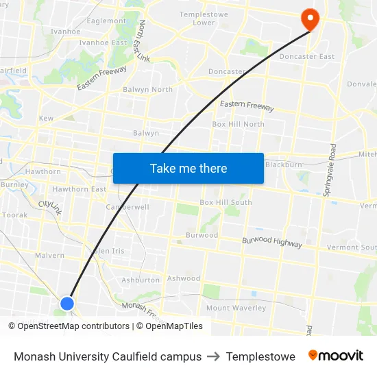 Monash University Caulfield campus to Templestowe map