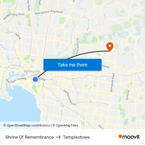 Shrine Of Remembrance to Templestowe map