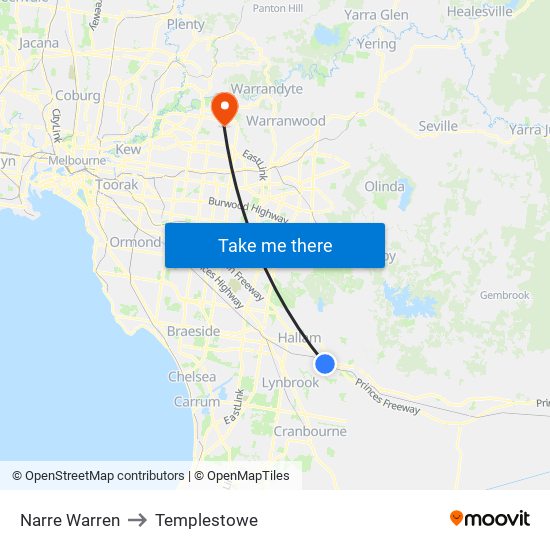 Narre Warren to Templestowe map