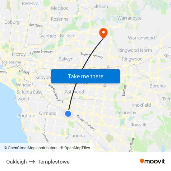Oakleigh to Templestowe map