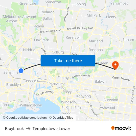Braybrook to Templestowe Lower map