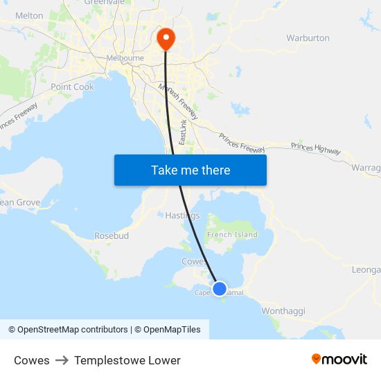 Cowes to Templestowe Lower map