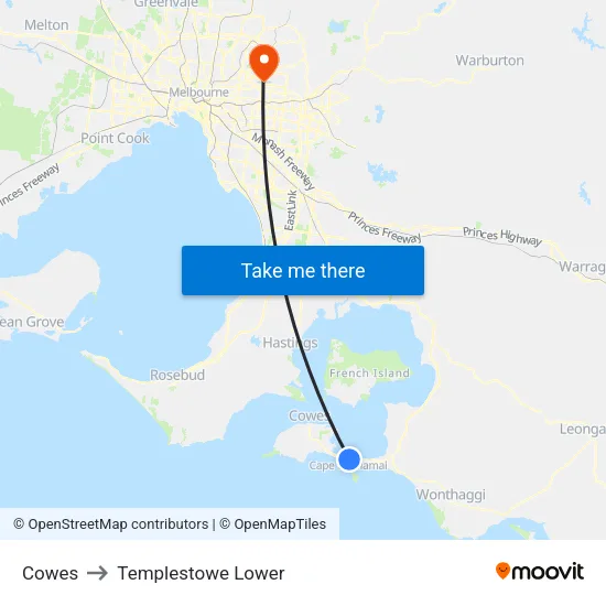 Cowes to Templestowe Lower map