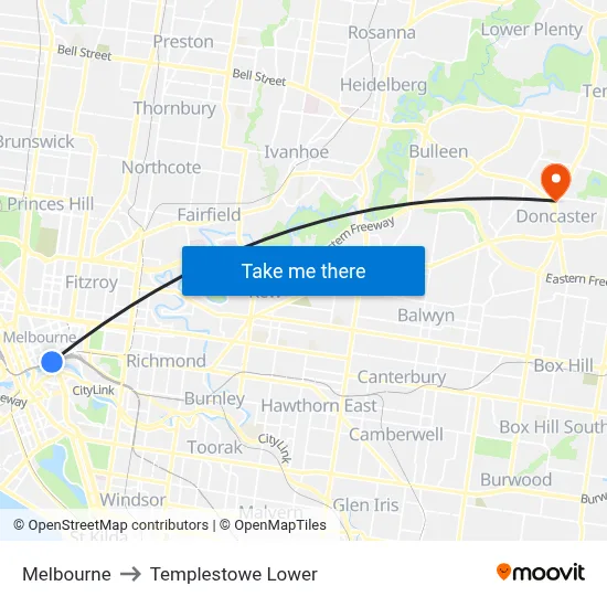 Melbourne to Templestowe Lower map