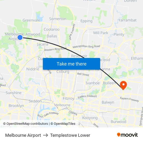 Melbourne Airport to Templestowe Lower map