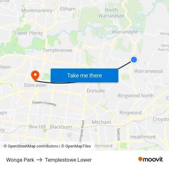 Wonga Park to Templestowe Lower map