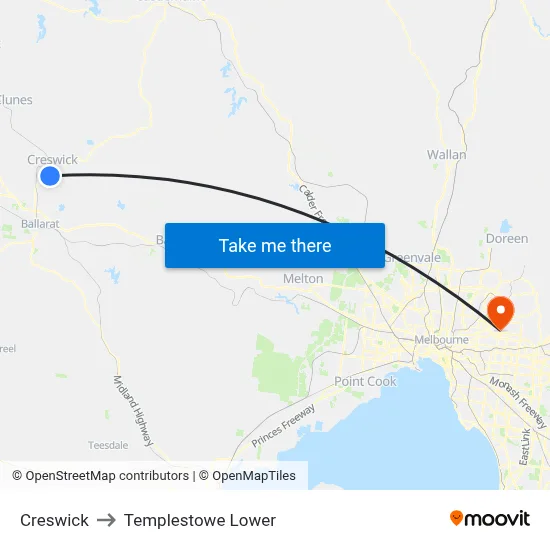 Creswick to Templestowe Lower map