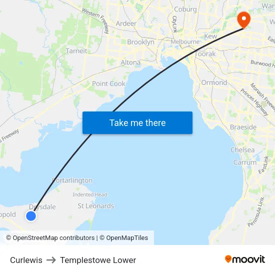 Curlewis to Templestowe Lower map