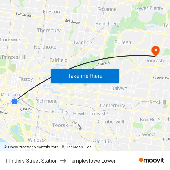 Flinders Street Station to Templestowe Lower map