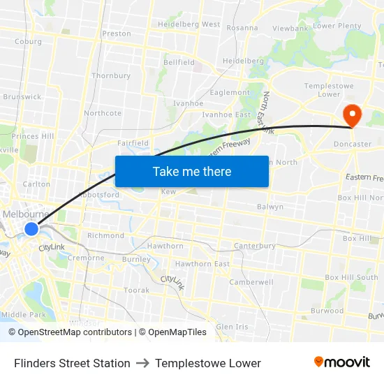 Flinders Street Station to Templestowe Lower map