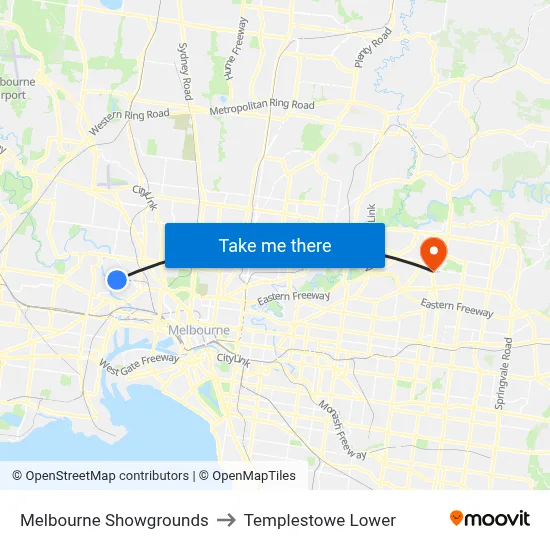 Melbourne Showgrounds to Templestowe Lower map