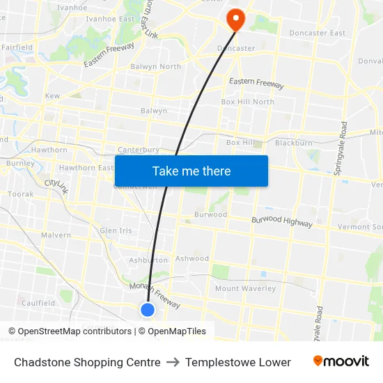 Chadstone Shopping Centre to Templestowe Lower map