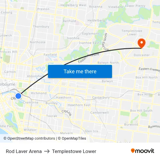 Rod Laver Arena to Templestowe Lower map