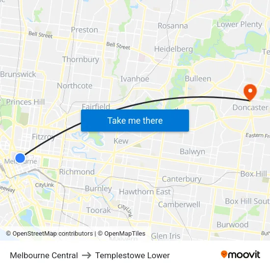 Melbourne Central to Templestowe Lower map
