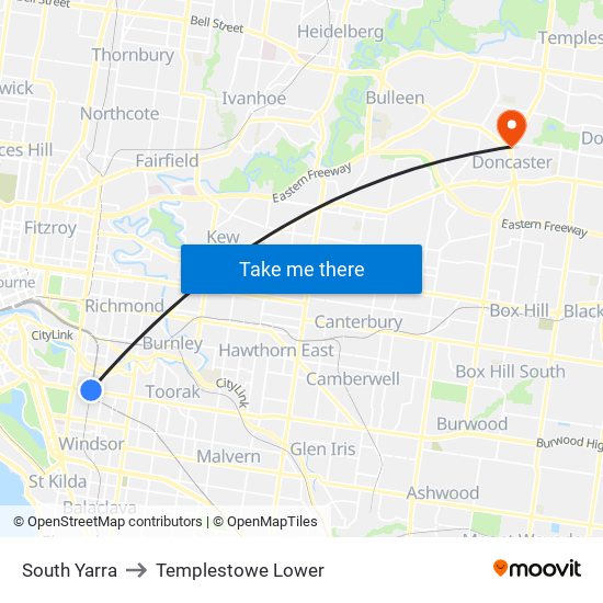 South Yarra to Templestowe Lower map