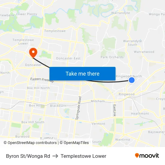 Byron St/Wonga Rd to Templestowe Lower map