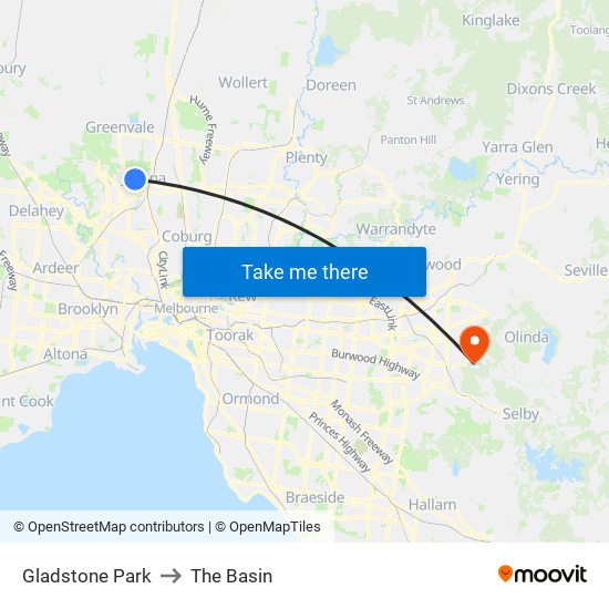 Gladstone Park to The Basin map