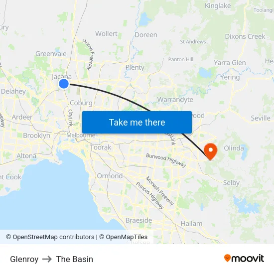 Glenroy to The Basin map
