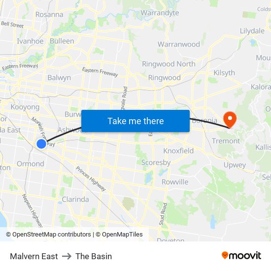 Malvern East to The Basin map