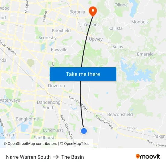 Narre Warren South to The Basin map